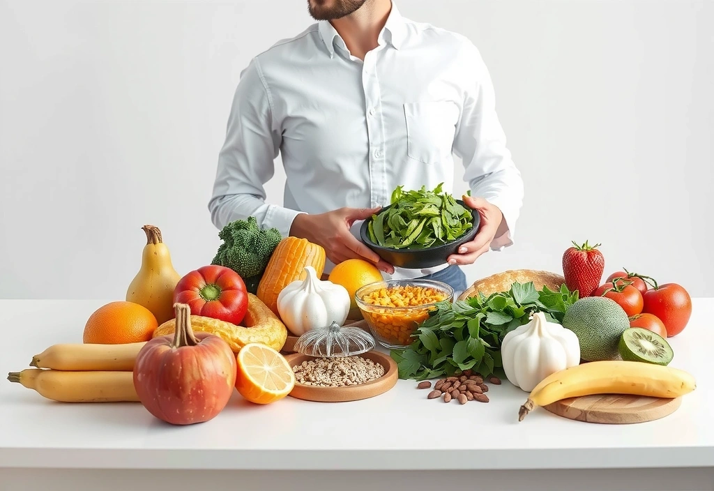 Specjalista żywienia prezentujący różne zdrowe produkty spożywcze